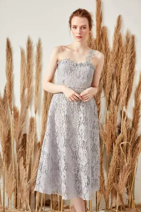 10930 Grey One Strap Midi Lace Dress