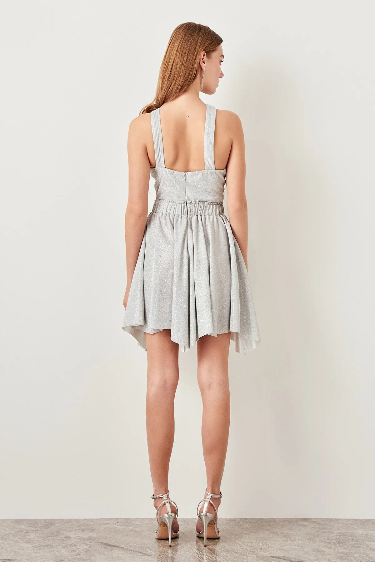 10932 Grey Silvery Cross Collar Dress