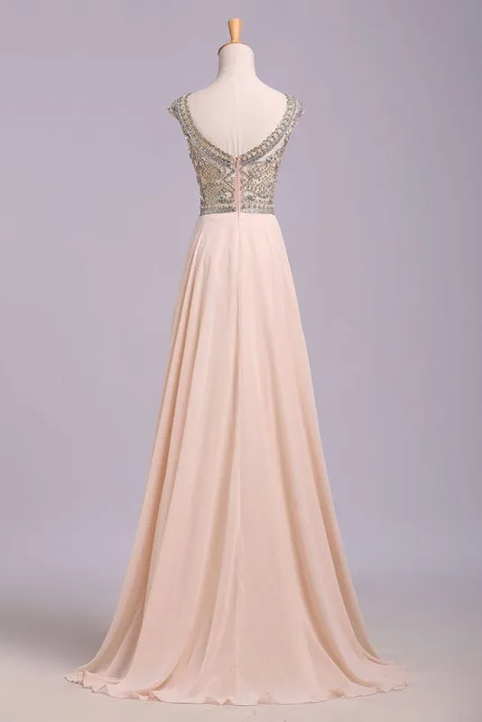 A Line Floor Length Scoop Chiffon Prom Dress Beading Long Evening Dresses