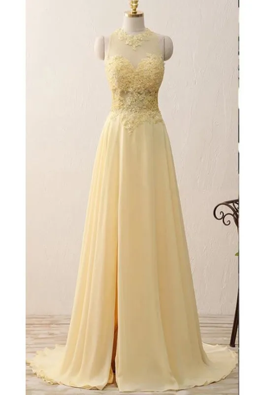 A Line Jewel Sleeveless Appliqued Prom with Beading Yellow Chiffon Evening Dress