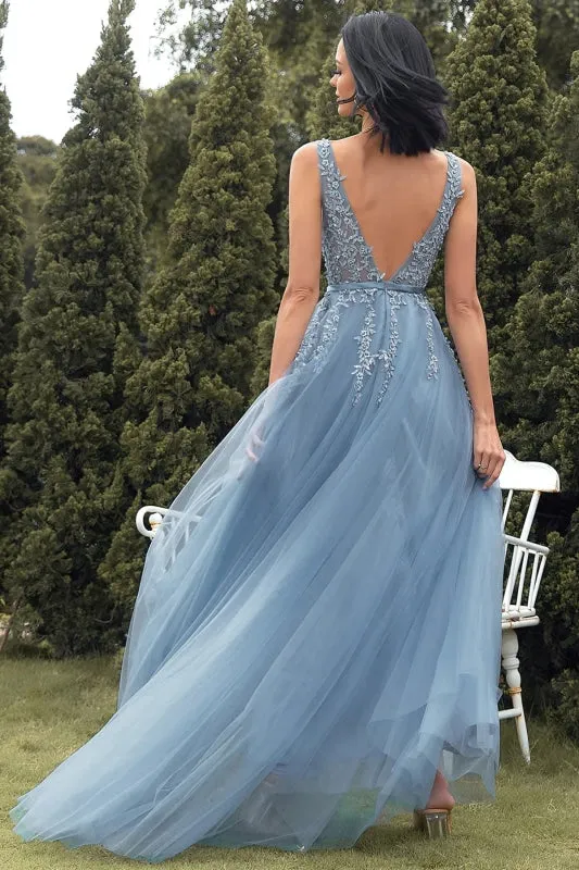 A Line V Neck Blue Lace Tulle Long Prom Dresses, Blue Lace Formal Dresses, Blue Evening Dresses