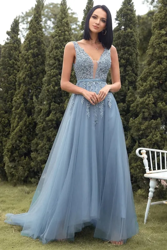 A Line V Neck Blue Lace Tulle Long Prom Dresses, Blue Lace Formal Dresses, Blue Evening Dresses