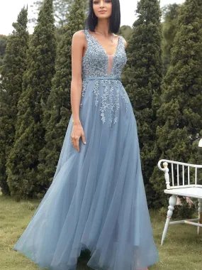 A Line V Neck Blue Lace Tulle Long Prom Dresses, Blue Lace Formal Dresses, Blue Evening Dresses