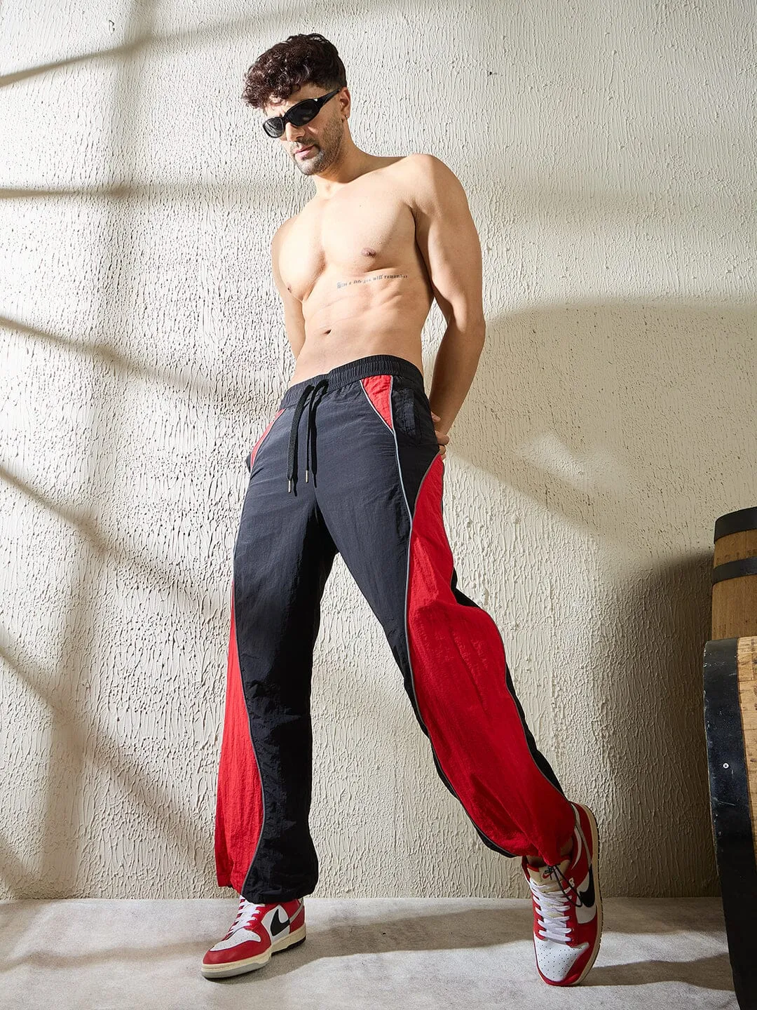 Black and Red Crinkle Cut and Sew Trackpants