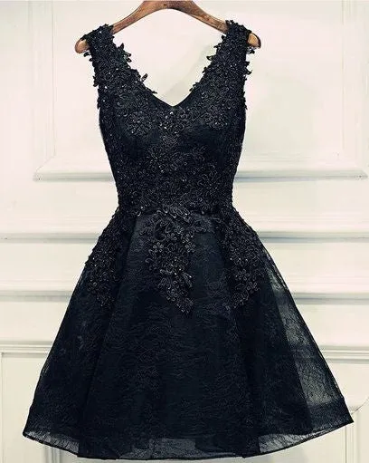 black v neck beading homecoming dresses v neck  short prom dresses sleeveless short lace appliques layers cocktail dresses