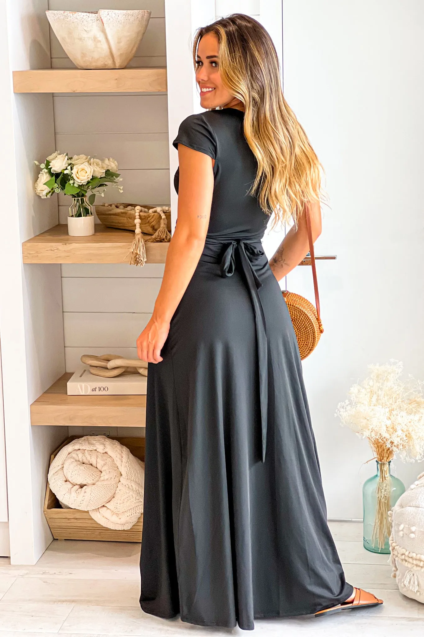 Black Wrap V-Neck Maxi Dress