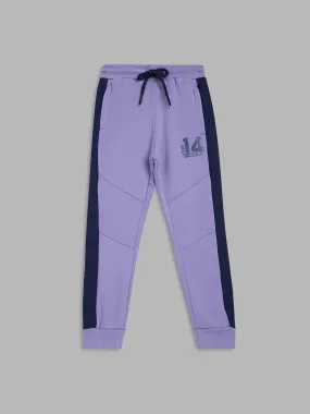 Blue Giraffe Boys Purple Colorblocked Straight Fit Mid-Rise Joggers Style Trackpant