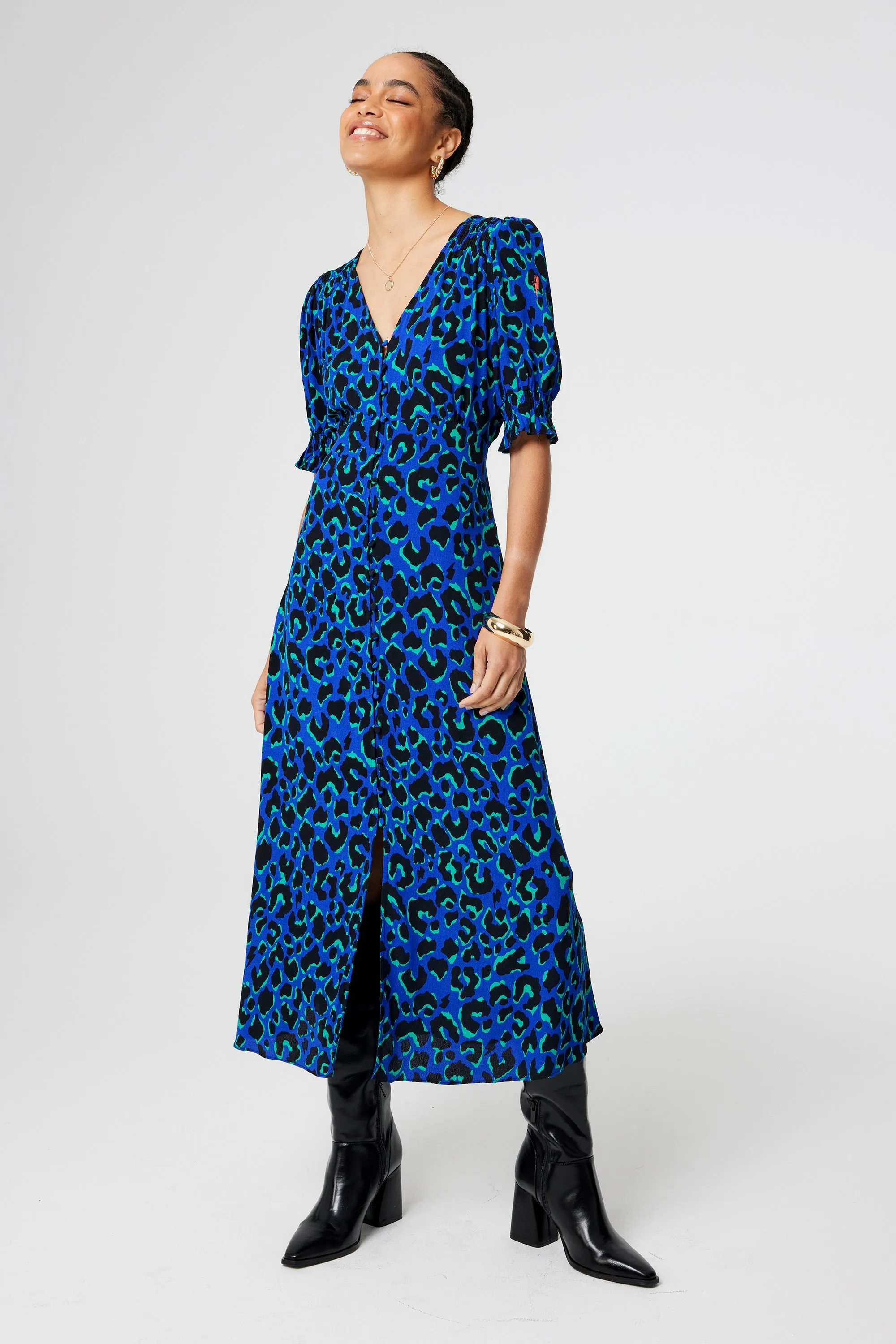 Blue with Green and Black Shadow Leopard Flute Sleeve Midi Tea Dress