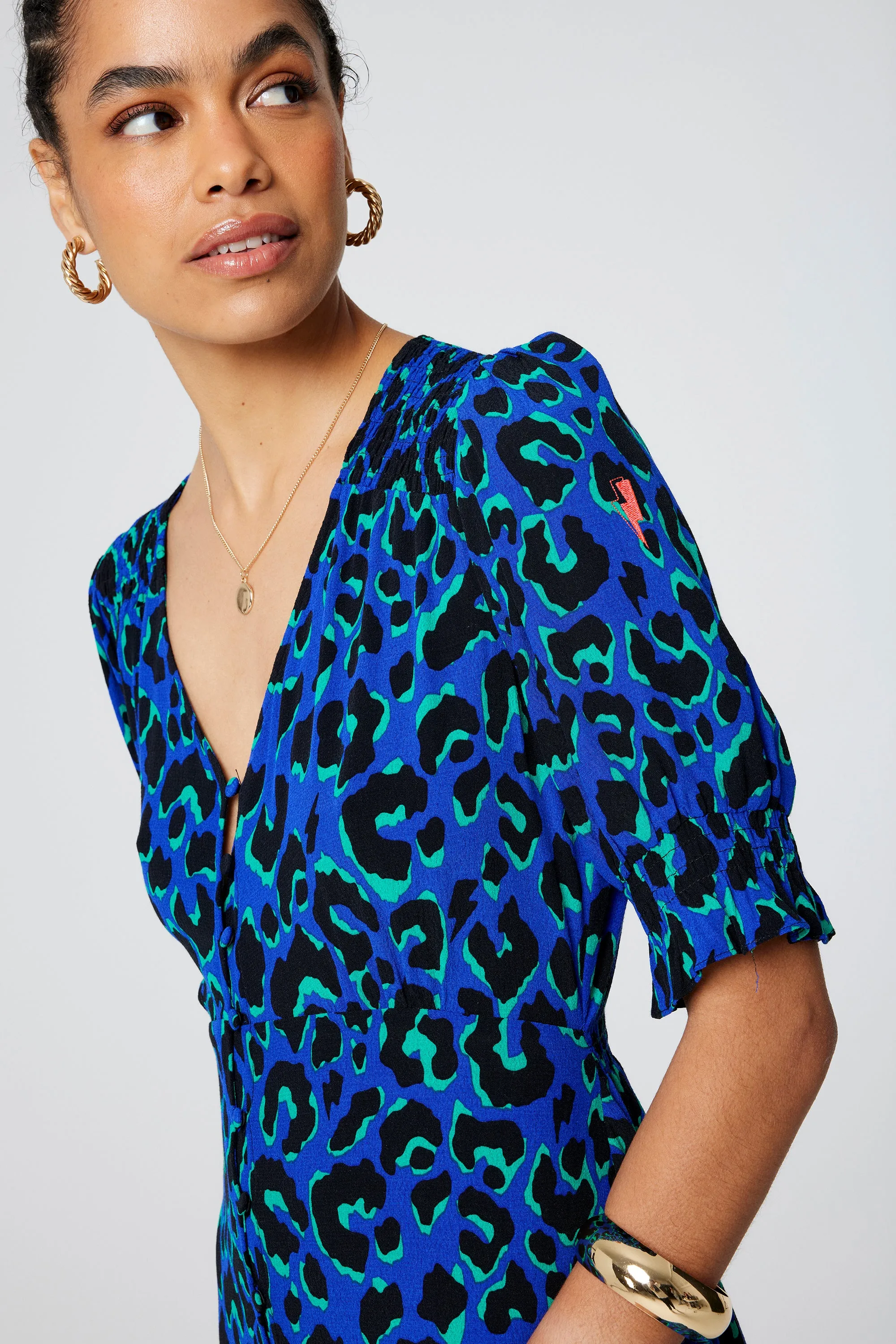 Blue with Green and Black Shadow Leopard Flute Sleeve Midi Tea Dress