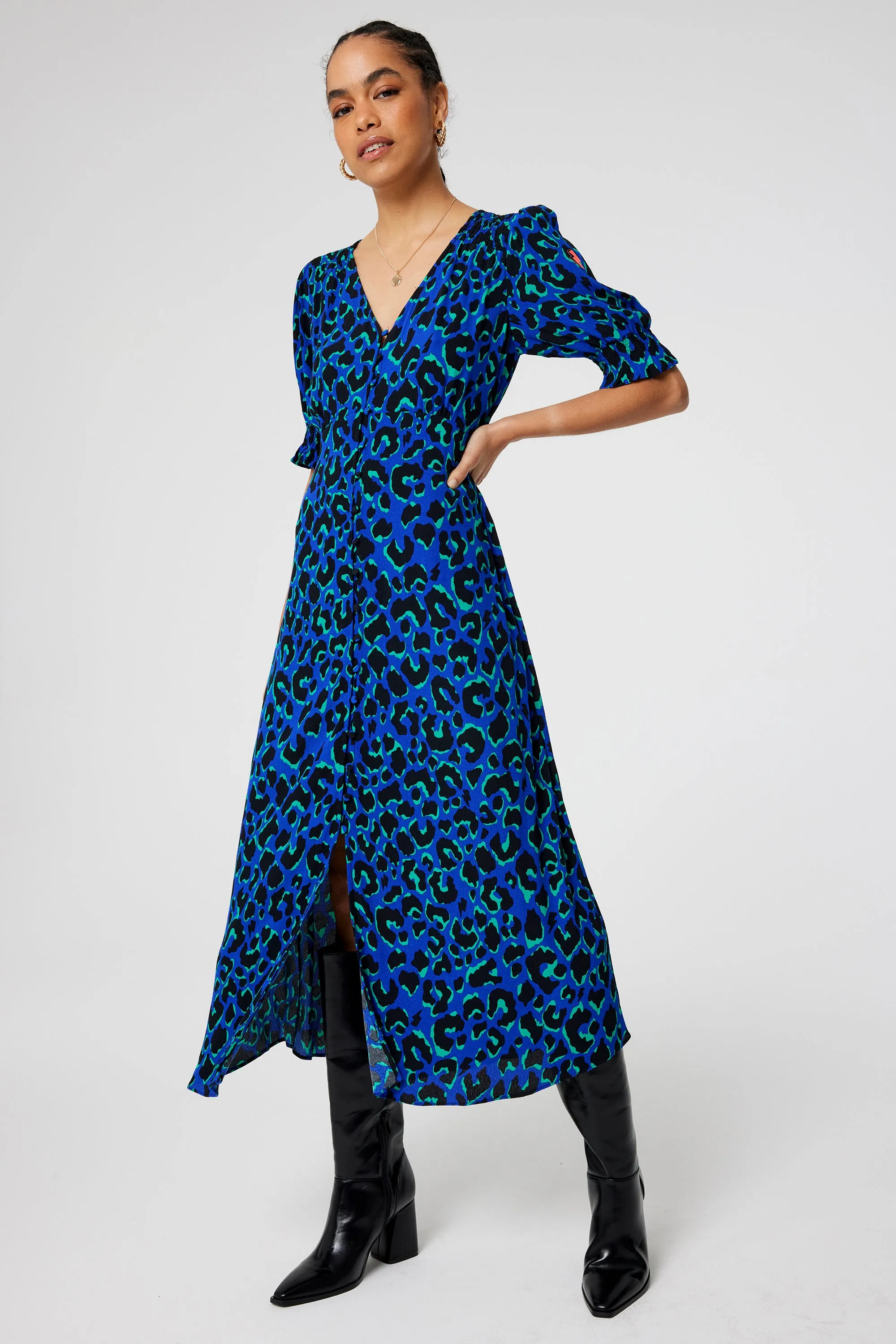 Blue with Green and Black Shadow Leopard Flute Sleeve Midi Tea Dress