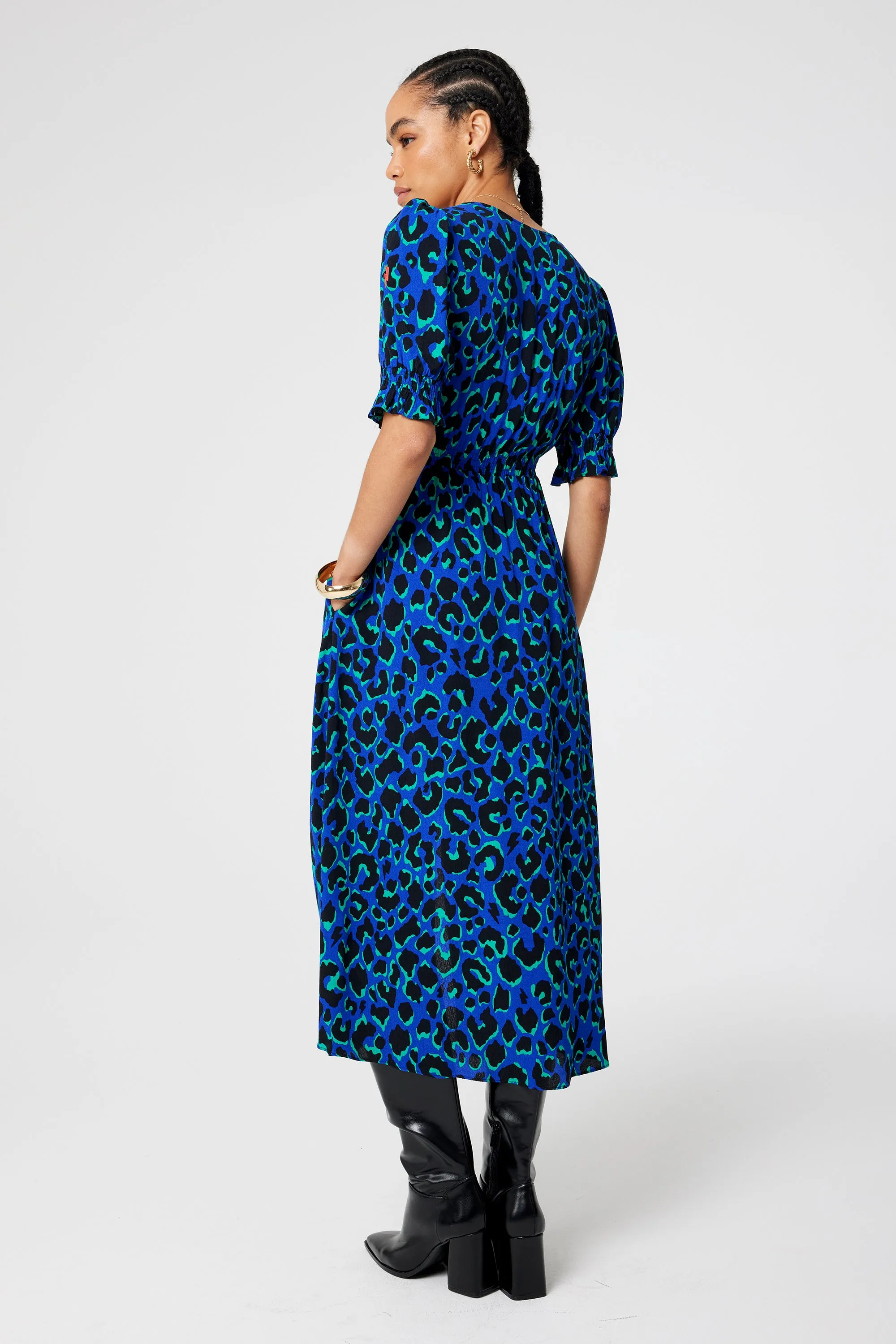 Blue with Green and Black Shadow Leopard Flute Sleeve Midi Tea Dress