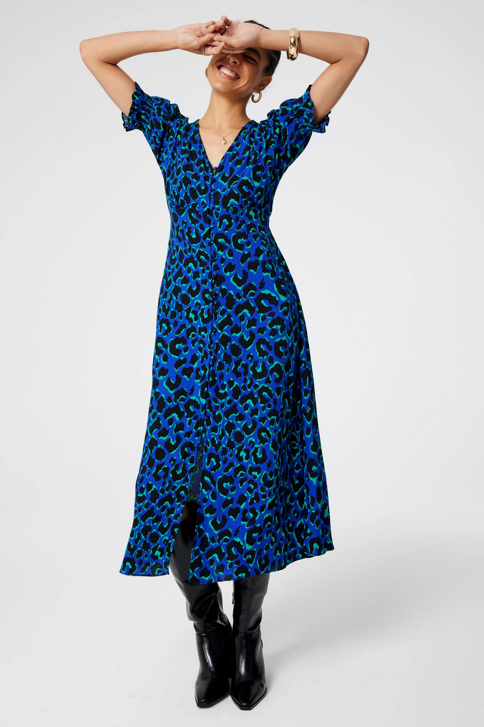 Blue with Green and Black Shadow Leopard Flute Sleeve Midi Tea Dress