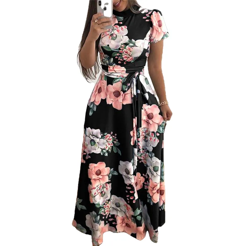 Boho Floral Print Casual Short Sleeve Long Maxi Dress