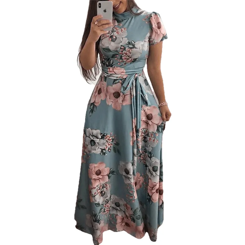 Boho Floral Print Casual Short Sleeve Long Maxi Dress