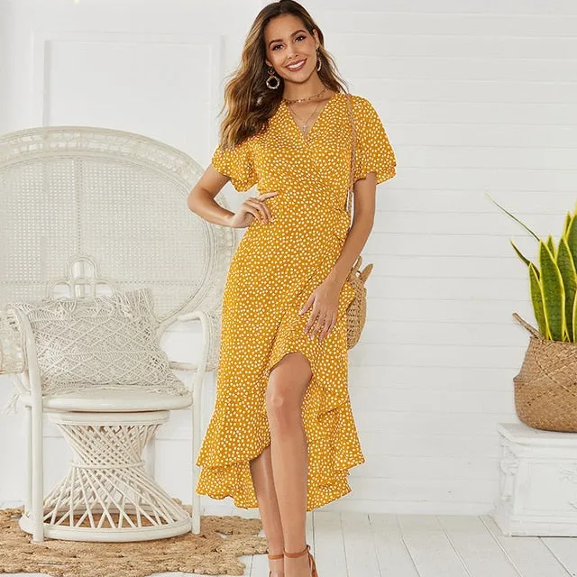 Boho Ruffles Wrap V-Neck Split Maxi Dress