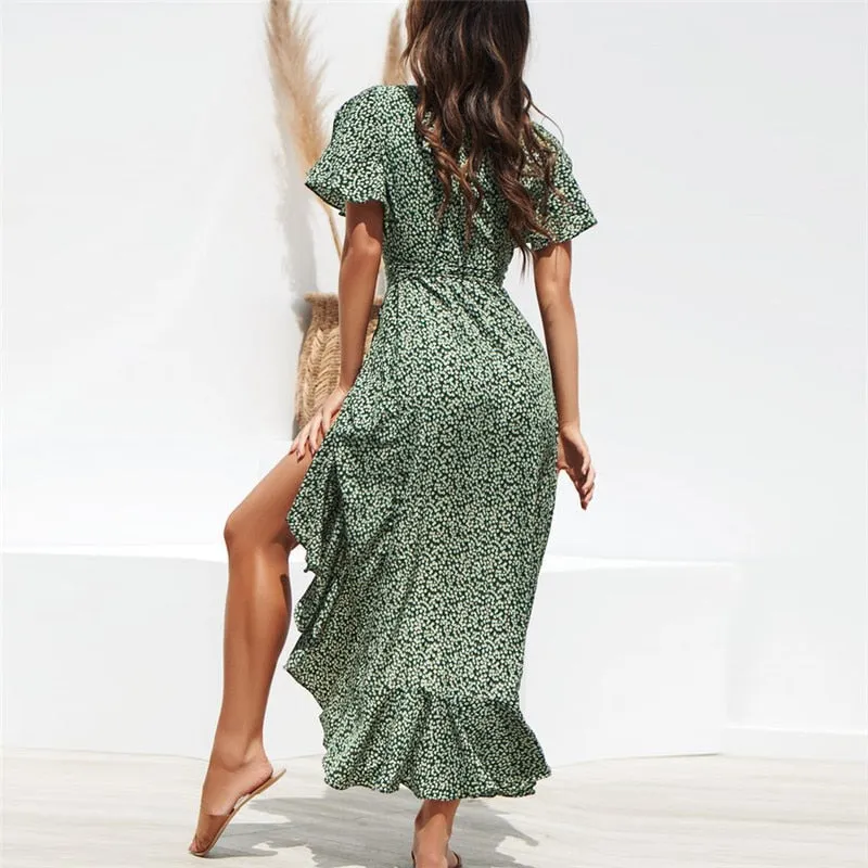 Boho Ruffles Wrap V-Neck Split Maxi Dress