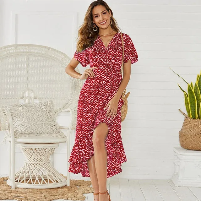 Boho Ruffles Wrap V-Neck Split Maxi Dress