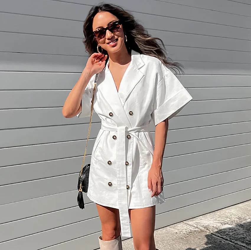 Button-Down Short-Sleeve Belt Commuter Loose Suit Dress Wholesale Dresses