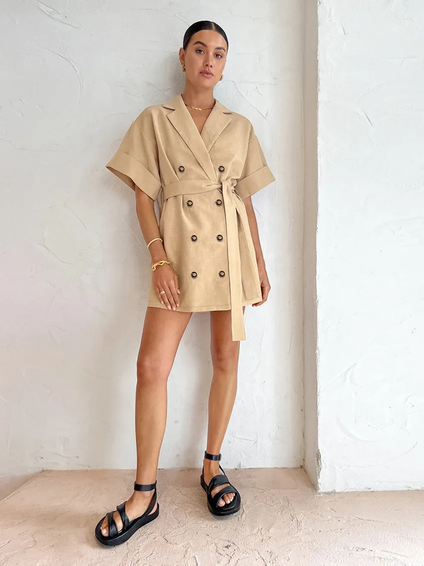 Button-Down Short-Sleeve Belt Commuter Loose Suit Dress Wholesale Dresses