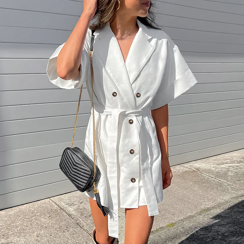 Button-Down Short-Sleeve Belt Commuter Loose Suit Dress Wholesale Dresses