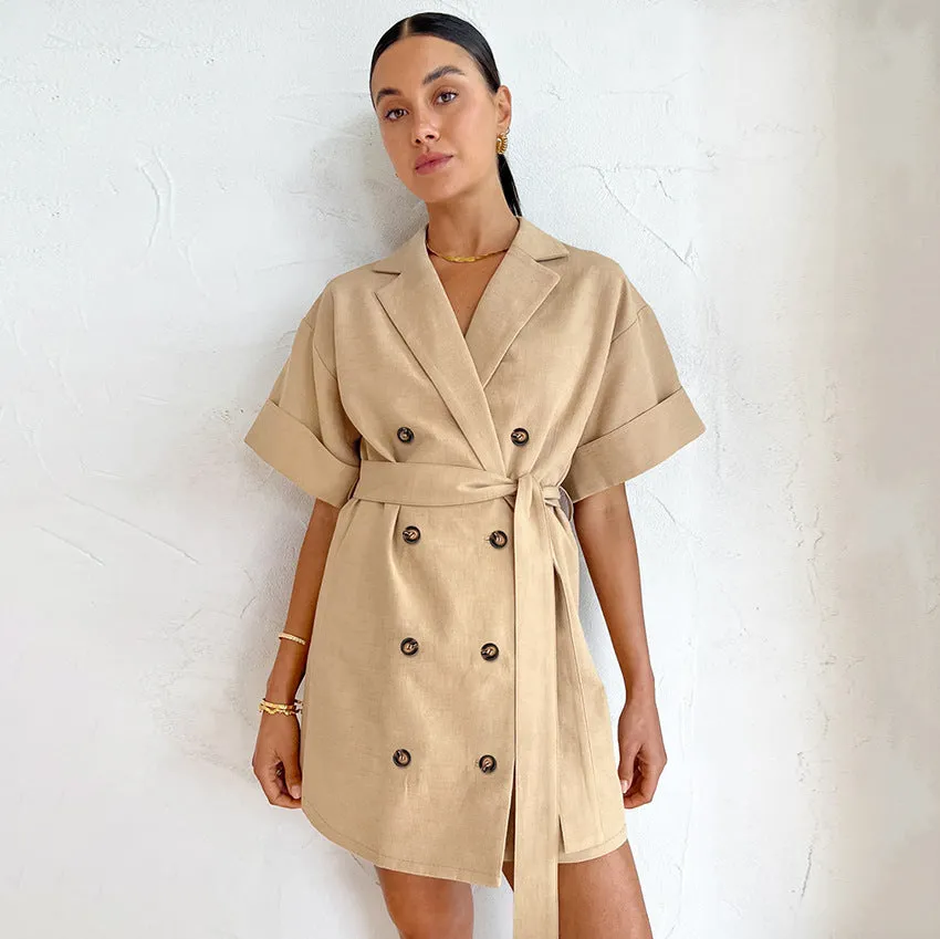 Button-Down Short-Sleeve Belt Commuter Loose Suit Dress Wholesale Dresses