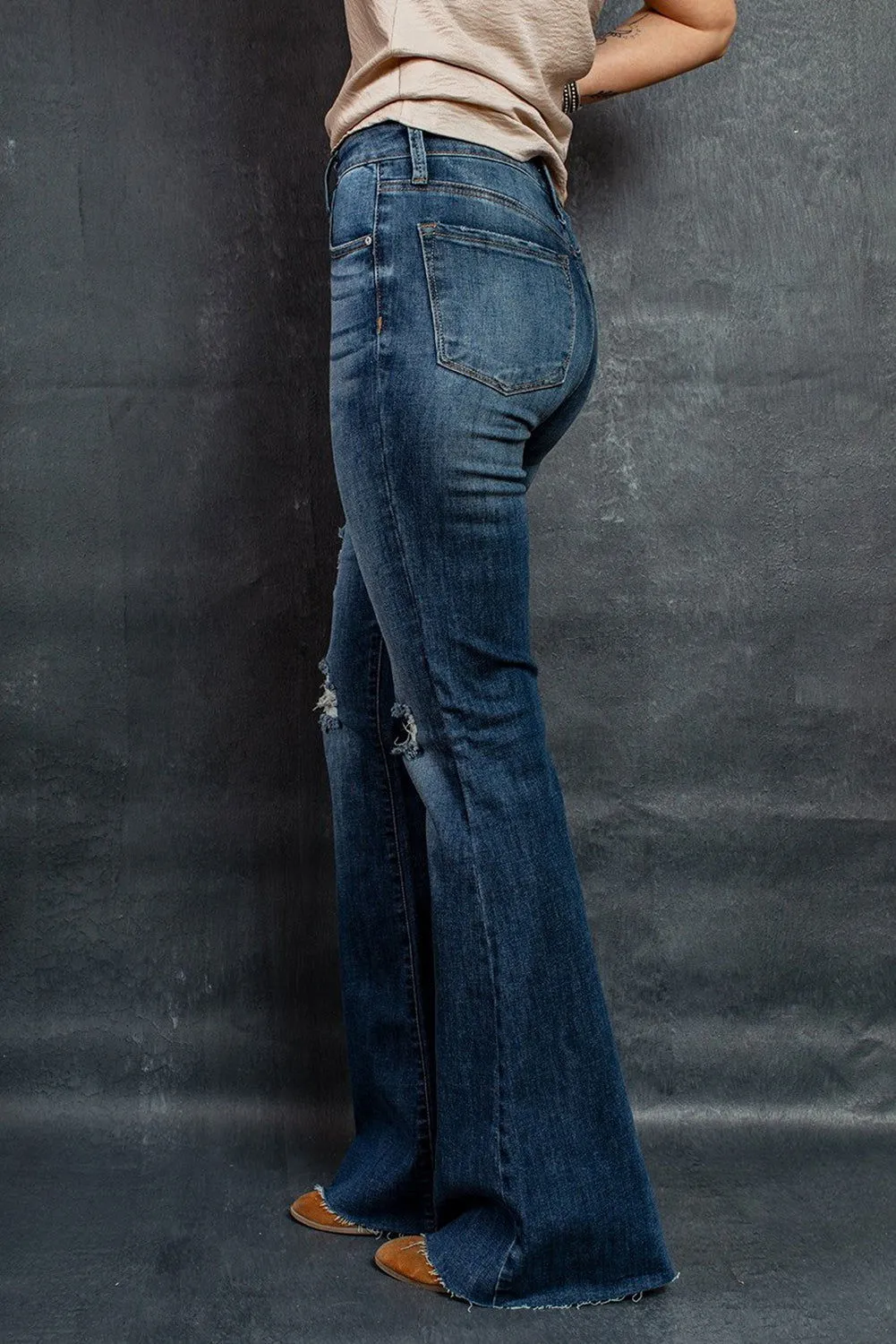 Dark Blue Wash Ripped Mid Rise Flare Jeans