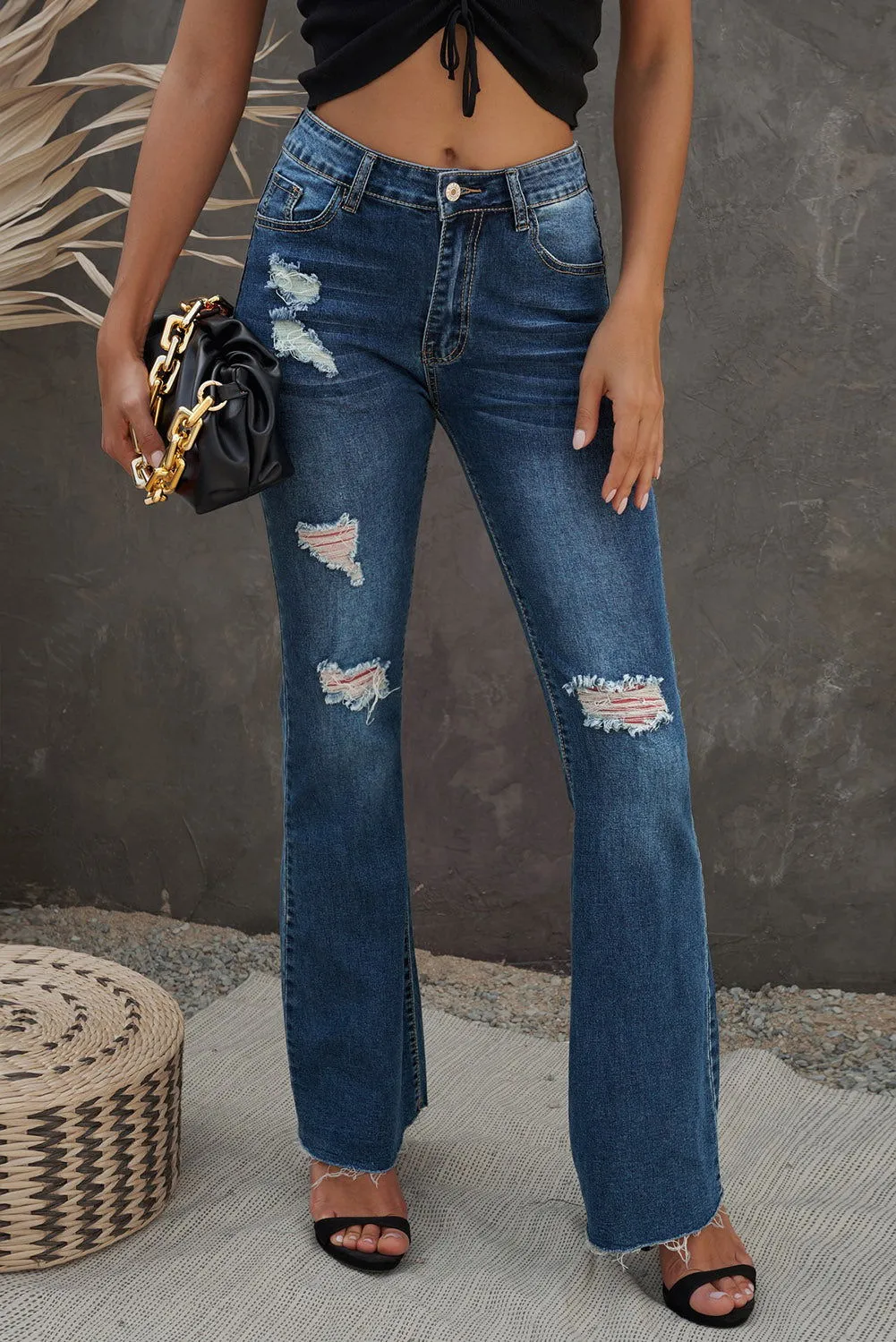 Dark Blue Wash Ripped Mid Rise Flare Jeans