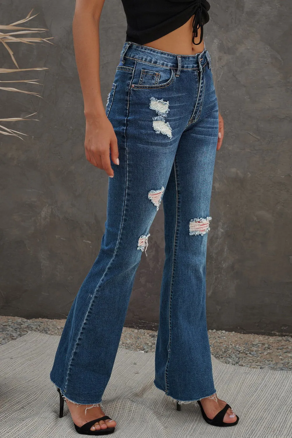 Dark Blue Wash Ripped Mid Rise Flare Jeans