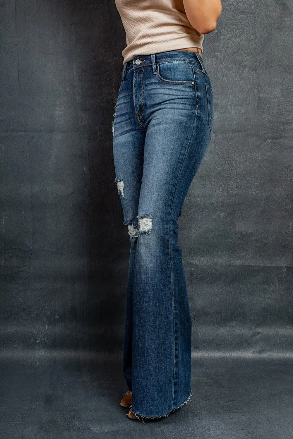 Dark Blue Wash Ripped Mid Rise Flare Jeans