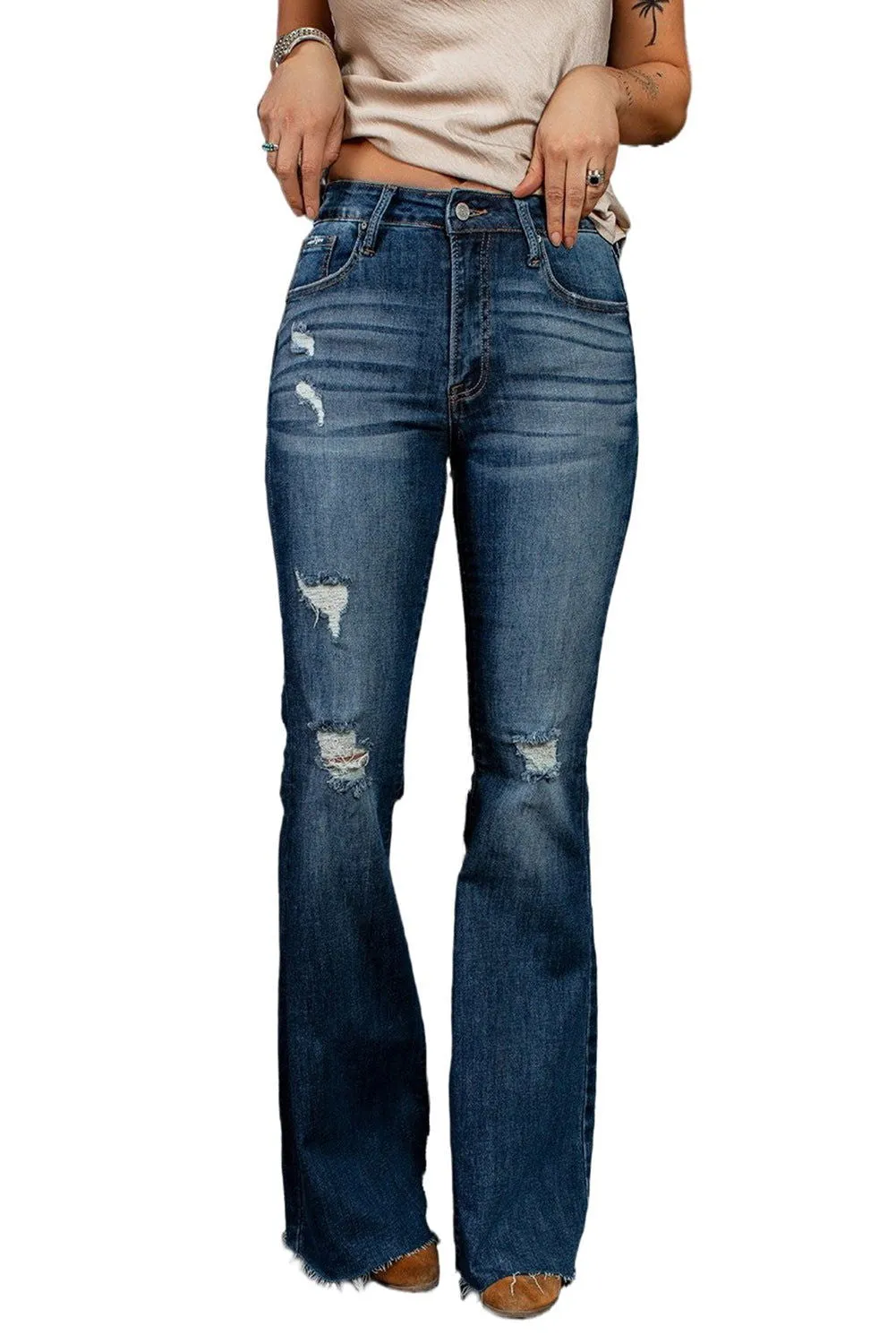 Dark Blue Wash Ripped Mid Rise Flare Jeans