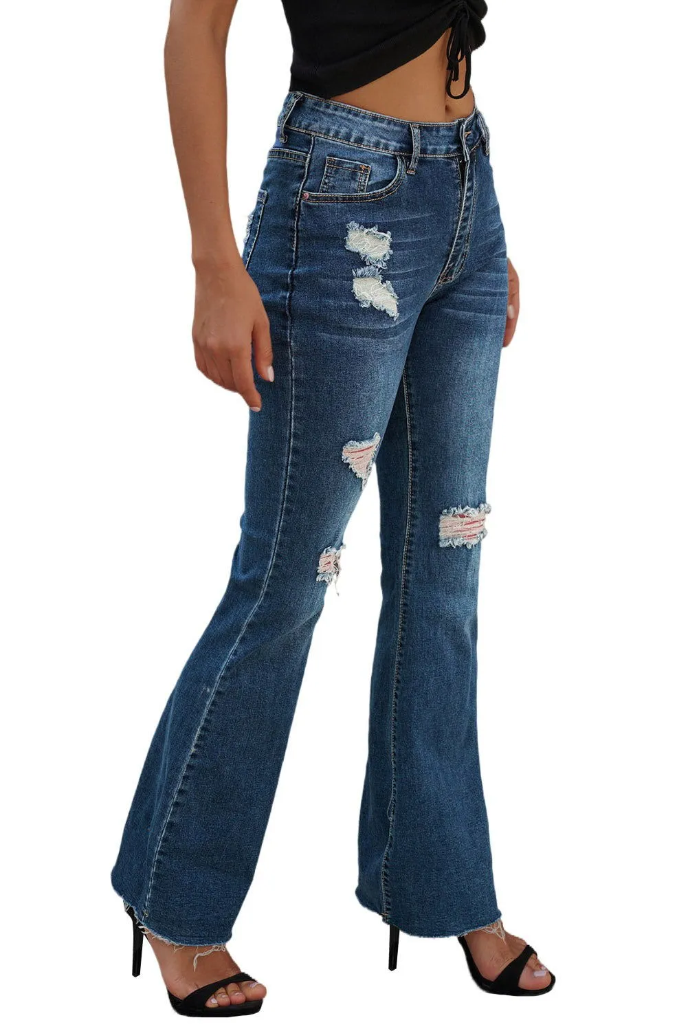 Dark Blue Wash Ripped Mid Rise Flare Jeans