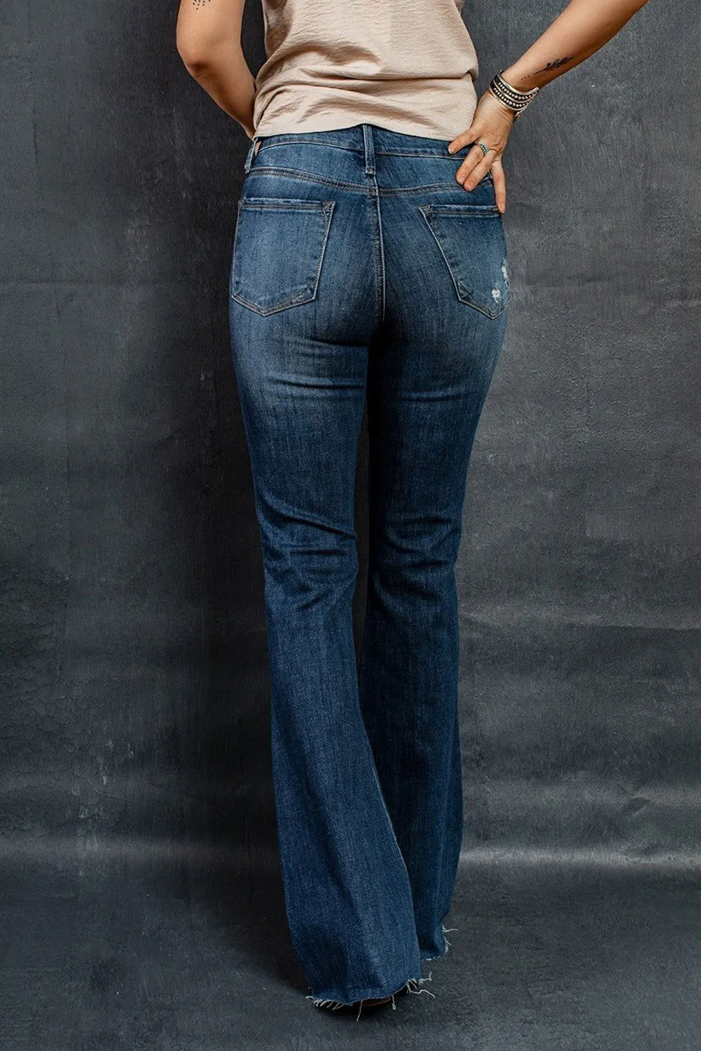 Dark Blue Wash Ripped Mid Rise Flare Jeans