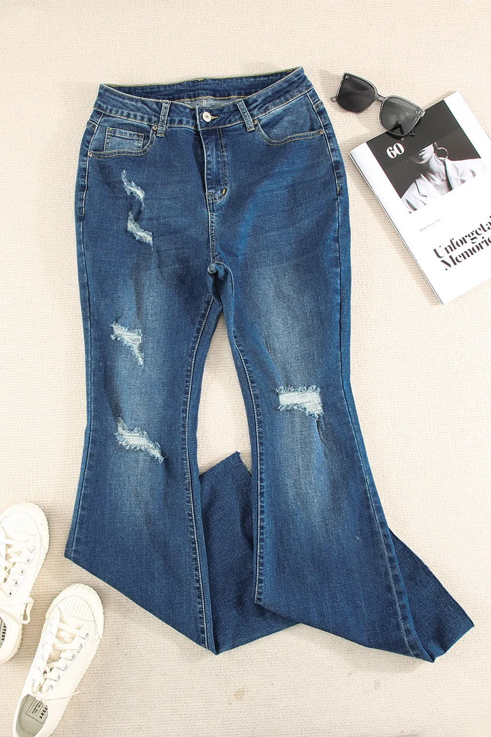 Dark Blue Wash Ripped Mid Rise Flare Jeans