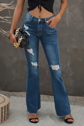 Dark Blue Wash Ripped Mid Rise Flare Jeans