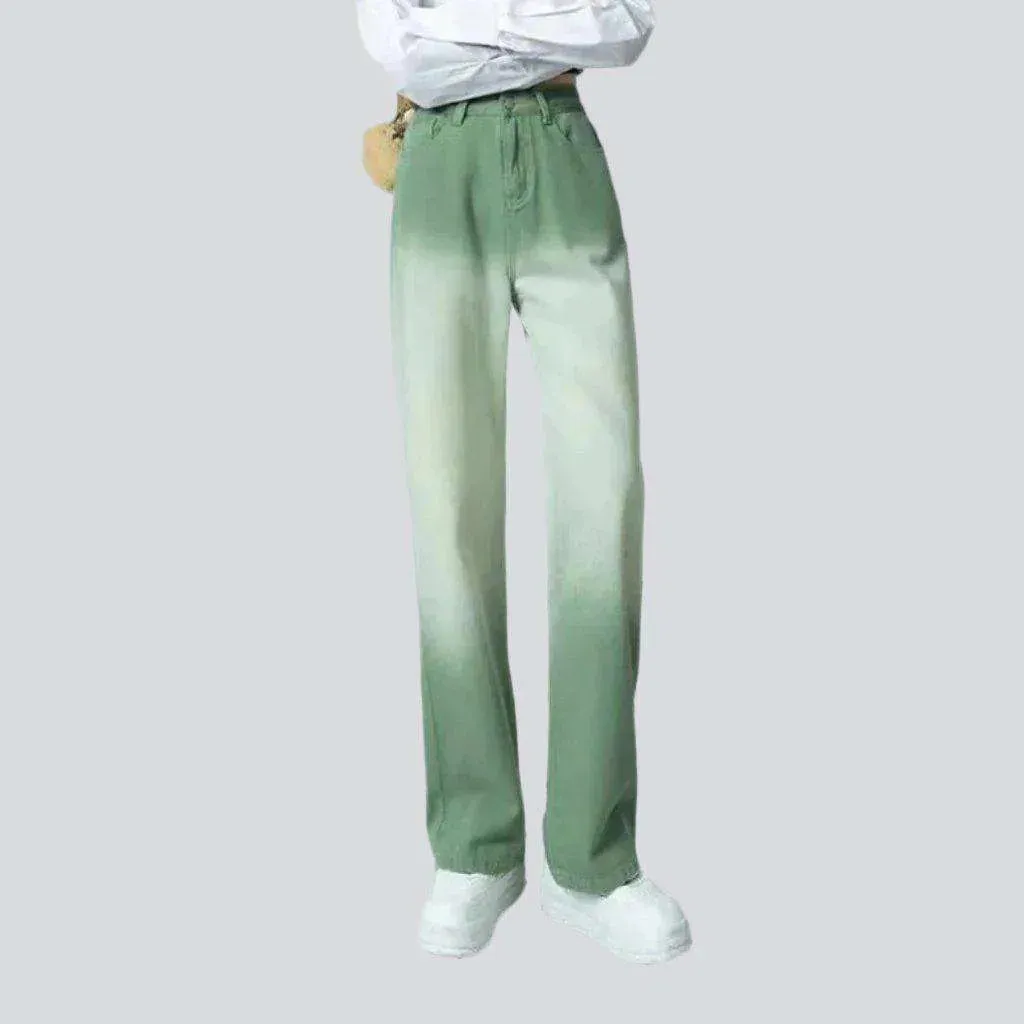 Dip-dyed green baggy women's jeans