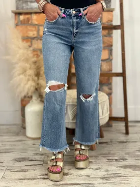 Distressed Slim Wide Leg Jeans