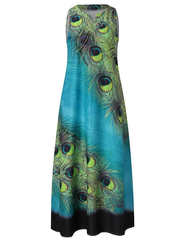 Dunnmall Women's A-Line Dress Maxi long Dress - Sleeveless Peacock Feathers Print Summer V Neck Plus Size Hot Casual Holiday vacation dresses 2020 Red Navy Blue Light Blue S M L XL XXL 3XL 4XL 5XL