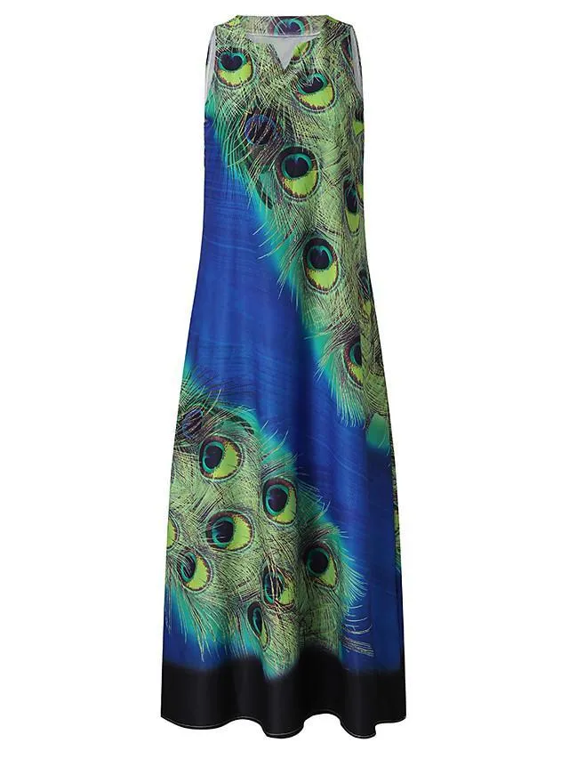 Dunnmall Women's A-Line Dress Maxi long Dress - Sleeveless Peacock Feathers Print Summer V Neck Plus Size Hot Casual Holiday vacation dresses 2020 Red Navy Blue Light Blue S M L XL XXL 3XL 4XL 5XL