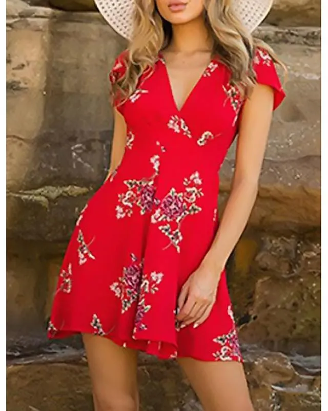 Dunnmall Women's Wrap Dress Short Mini Dress - Short Sleeve Floral Print Summer V Neck Hot White Red S M L XL-0218804