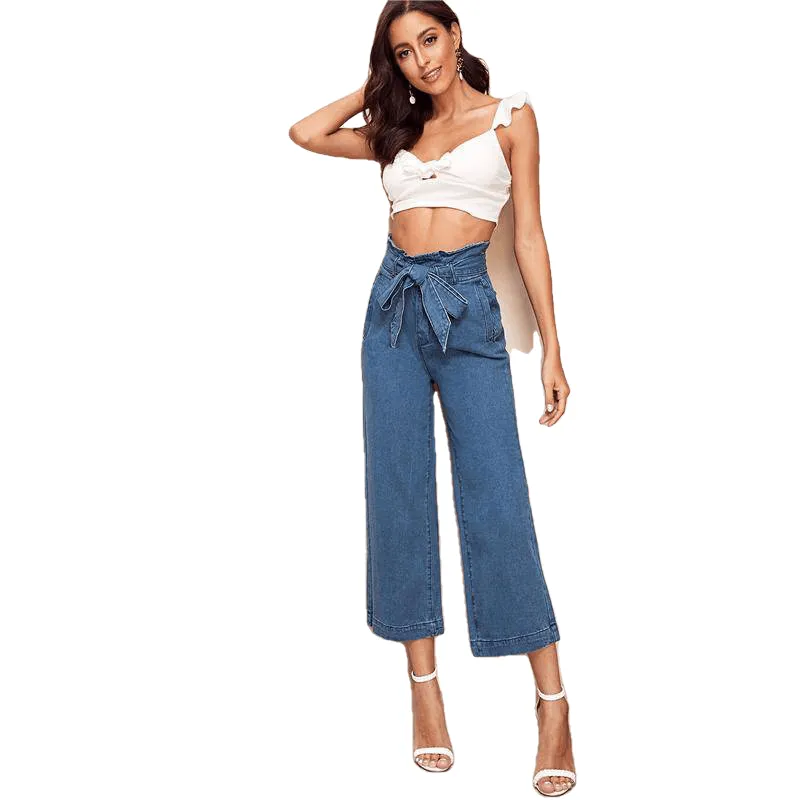 Elegant Blue High Waist Wide Leg Belted Crop Jeans