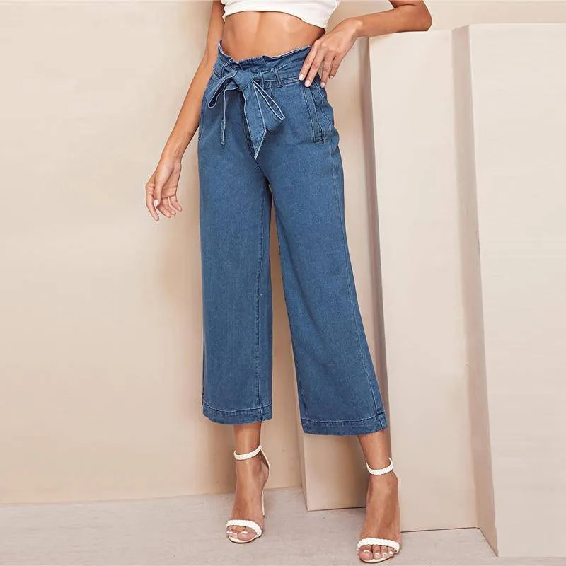 Elegant Blue High Waist Wide Leg Belted Crop Jeans