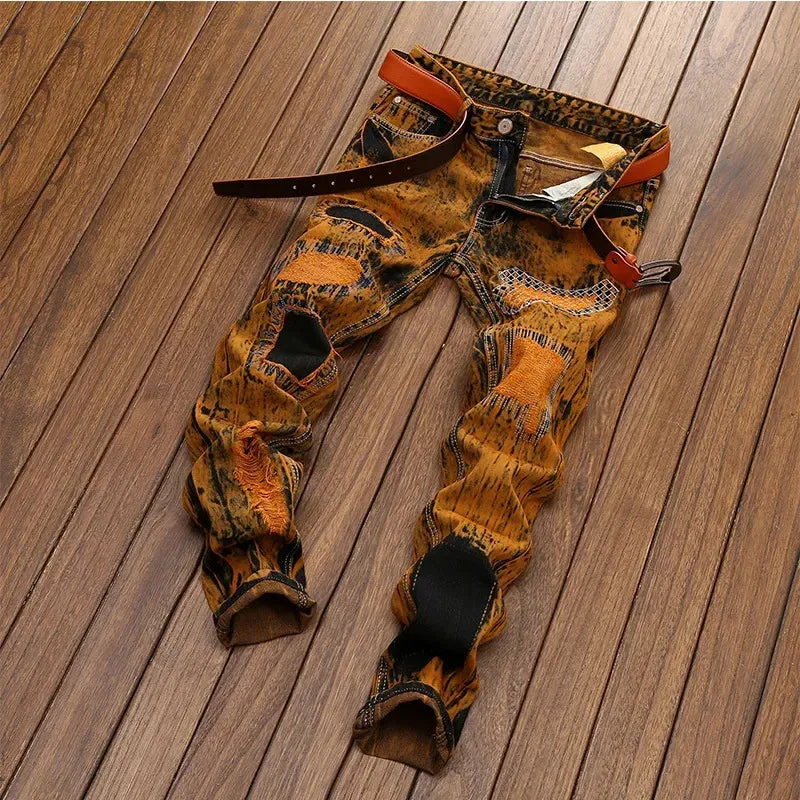 Fall/ Autumn Straight Slim-fit Jeans Patchwork Distressed Jeans