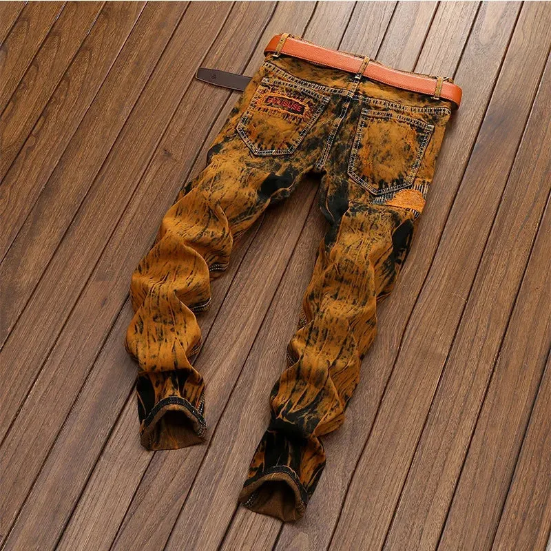 Fall/ Autumn Straight Slim-fit Jeans Patchwork Distressed Jeans