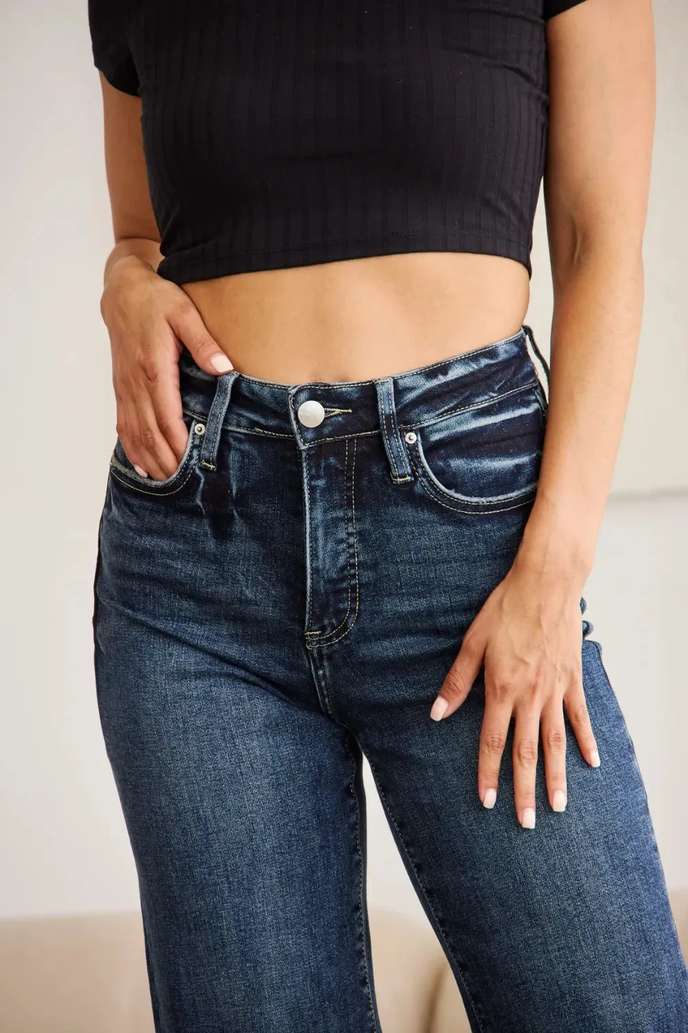 Full Size Tummy Control High Waist Raw Hem Distressed Jeans