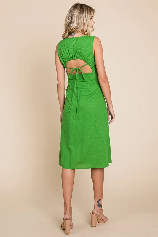 Green Sleeveless Tied Backless Pleated Midi Linen Dress