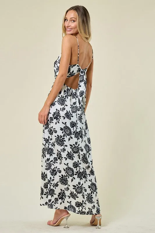 Ivory Allover Floral Print Tie Back Ruffle Maxi Dress