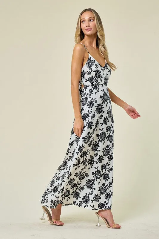 Ivory Allover Floral Print Tie Back Ruffle Maxi Dress