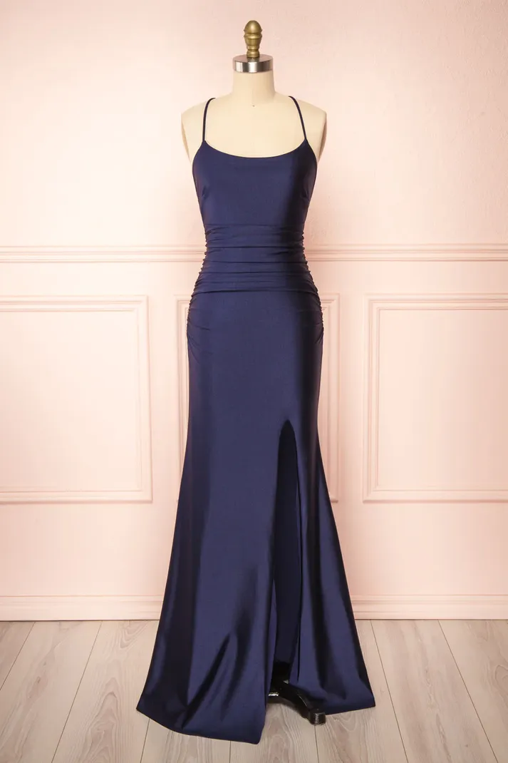 kamahe Sexy Mermaid Halter Sleeveless Navy Blue Long Prom Dresses