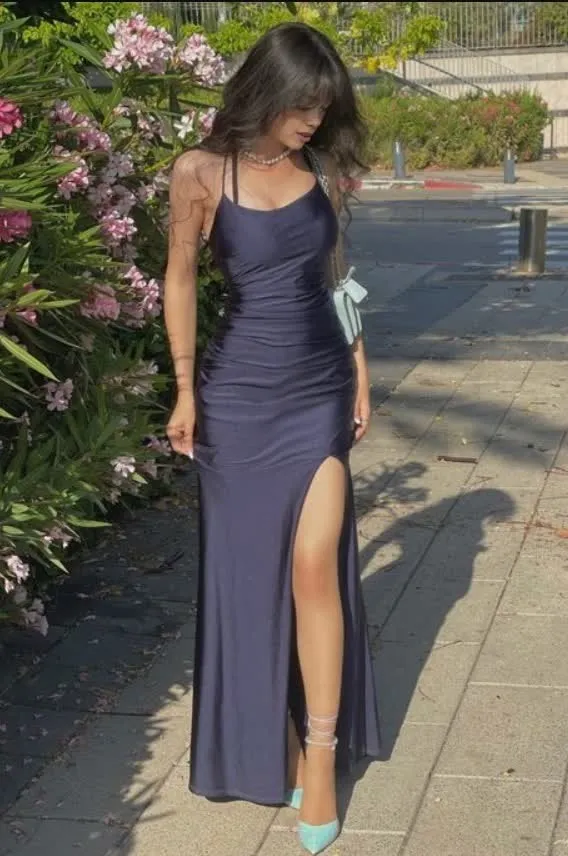 kamahe Sexy Mermaid Halter Sleeveless Navy Blue Long Prom Dresses