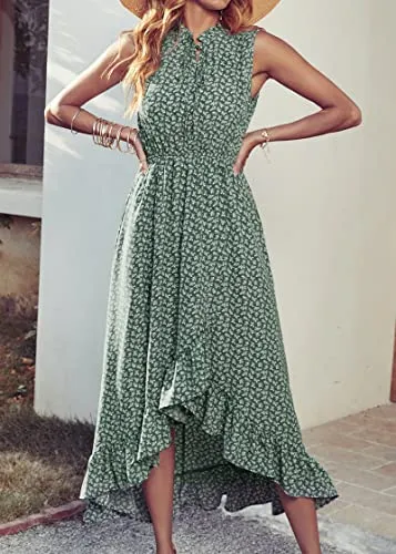 KIRUNDO 2023 Womens Summer Sleeveless Floral Print High Low Maxi Dress Tie V Neck Ruffle A-Line Flowy Beach Dresses(Floral-Green, X-Large)